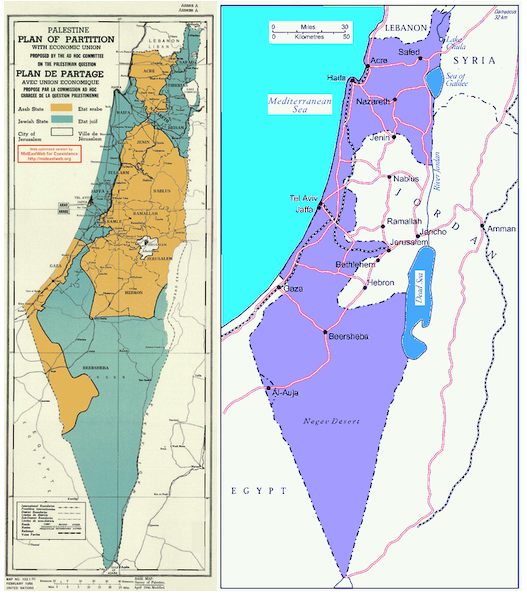 a sinistra, quanto stabilito dalla risoluzione 181 dell’ONU; a destra, Israele dopo la guerra del 1948 - da Il Post